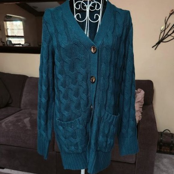NWT Merokeety Pocket Knitted long teal cardigan - Picture 2 of 6